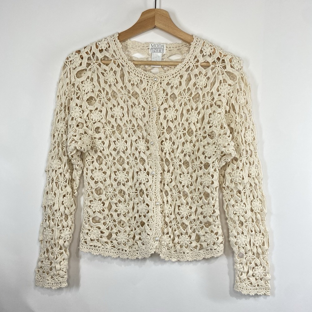 Moda International Vintage Womens Cottagecore Crochet Dainty Cardigan Ivory
